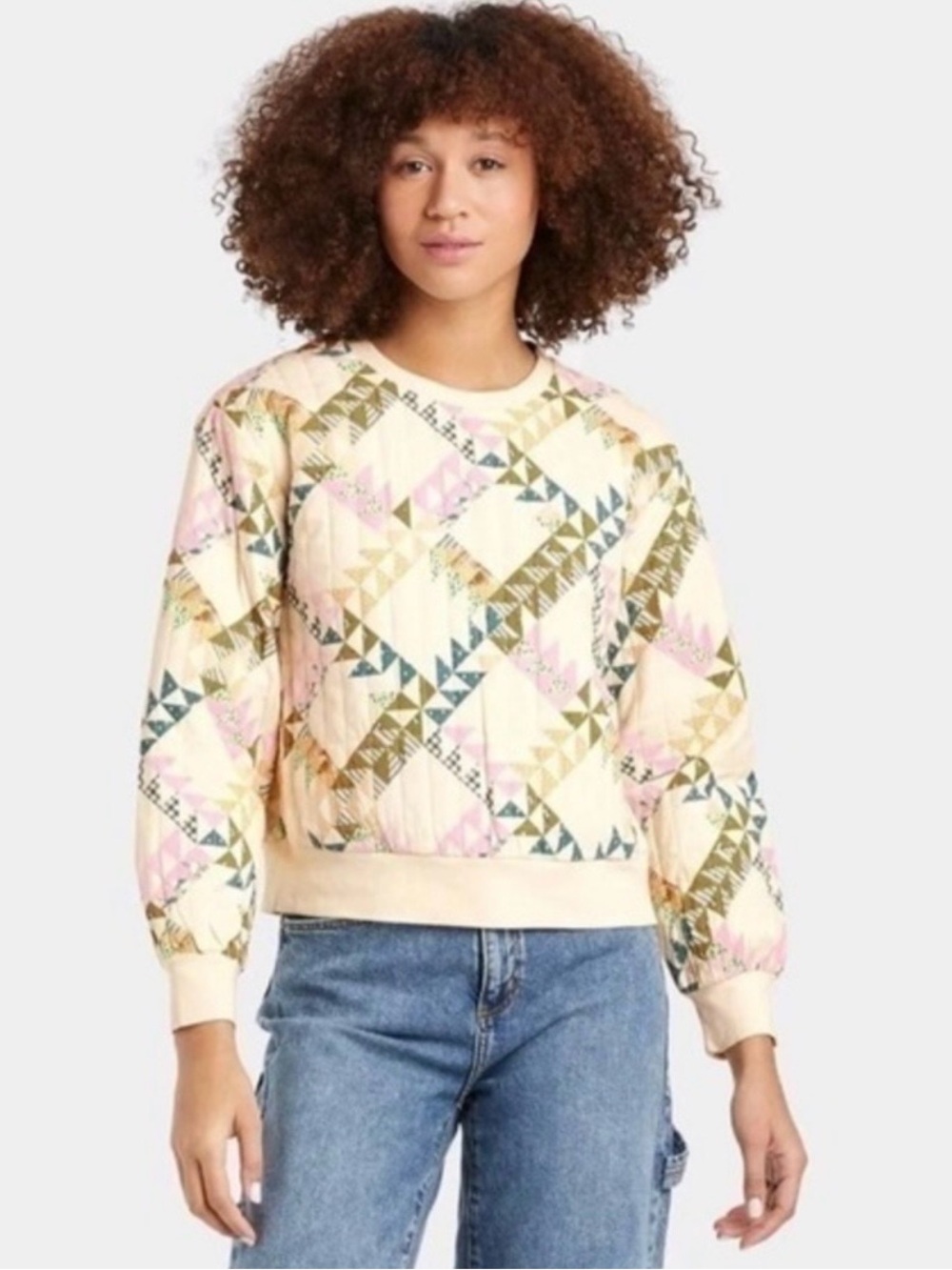 Universal Thread Quilted Crewneck Sweatshirt - Cream with Teal, Pink & Tan